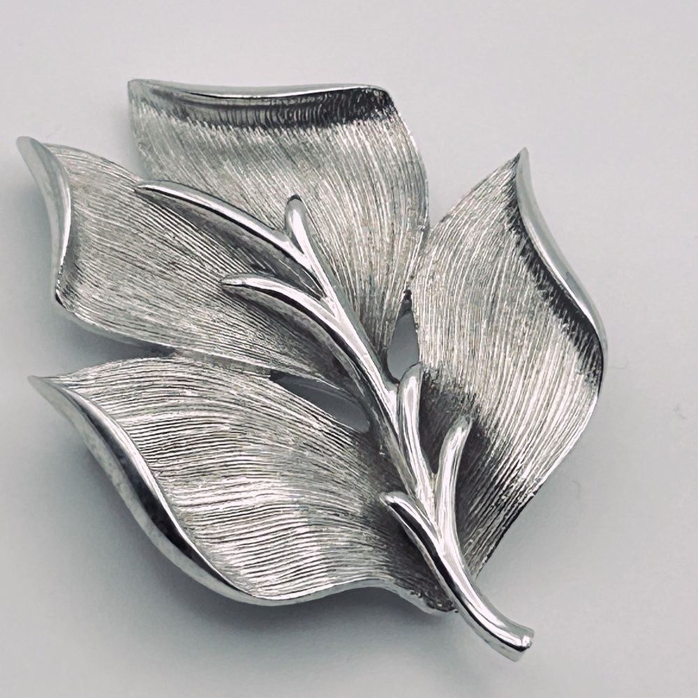 Monet Brushed Silver Tone Leaf Brooch Pin